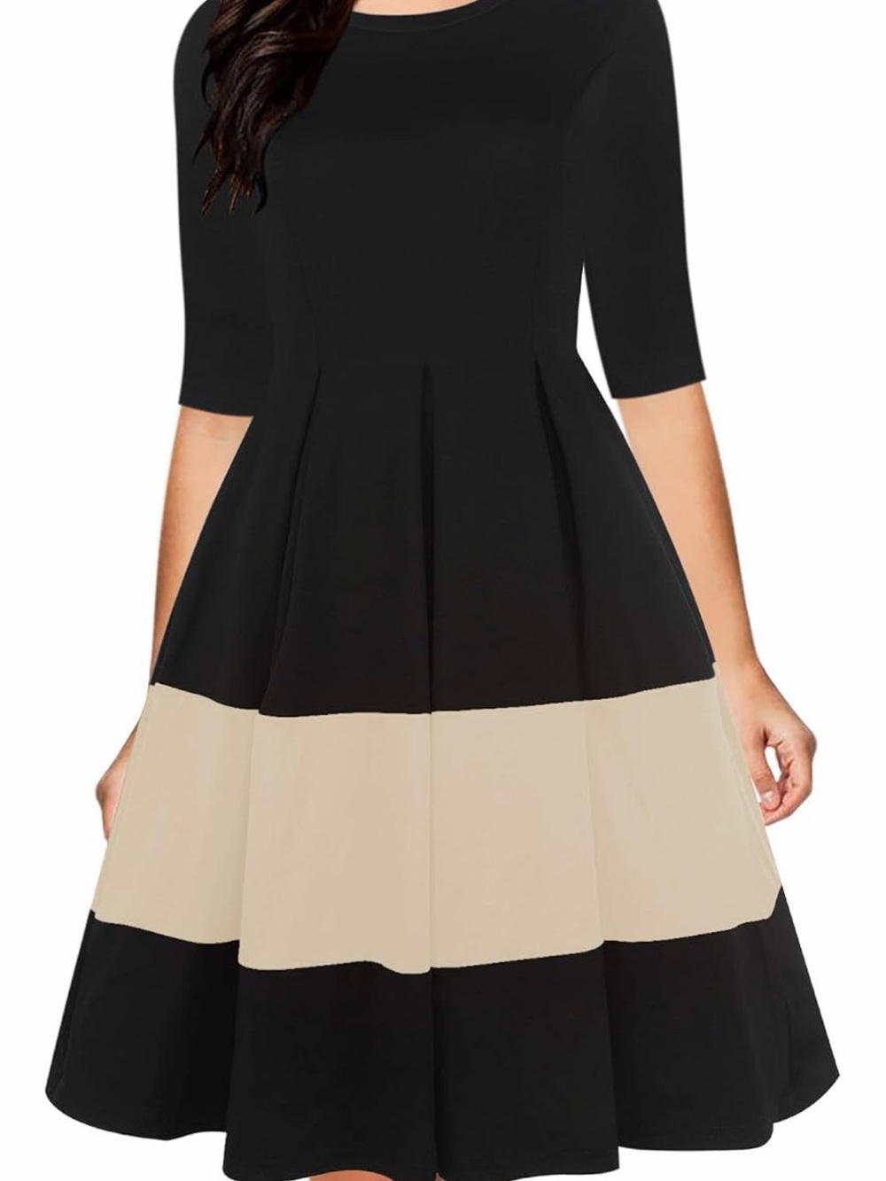 Black and Beige Colorblock Long Sleeve Fit-and-Flare Dress by Ann Taylor